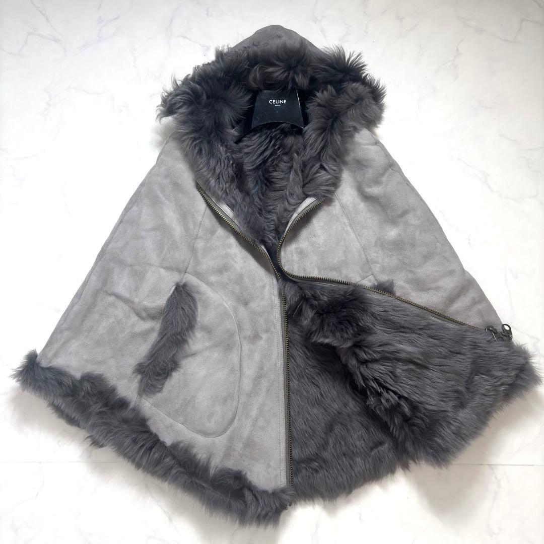 最高級✨羊革 リアルムートン ポンチョ ラムレザー リバーシブル フード グレー