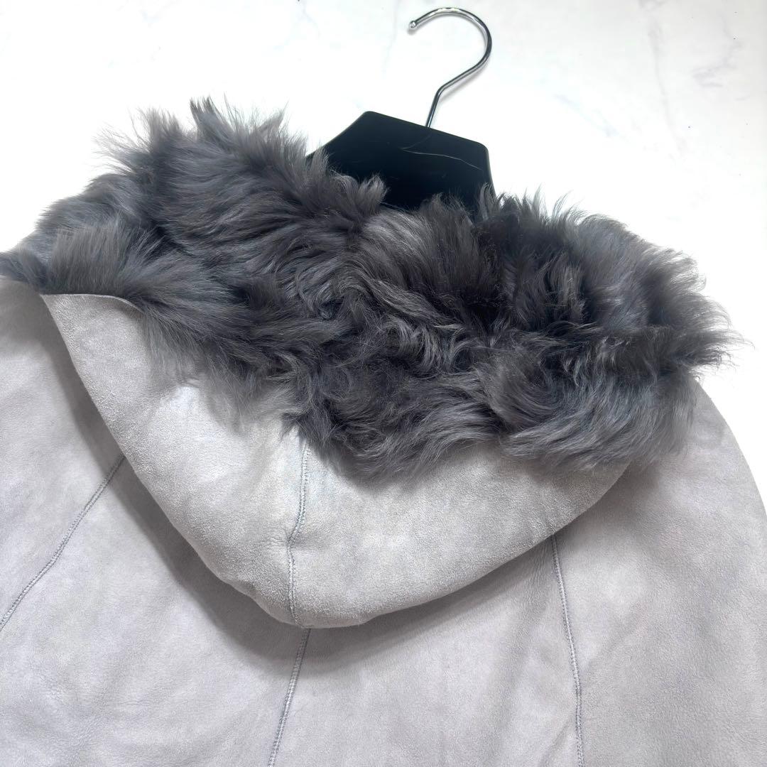 最高級✨羊革 リアルムートン ポンチョ ラムレザー リバーシブル フード グレー