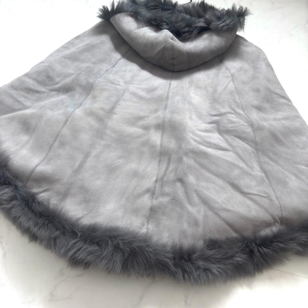 最高級✨羊革 リアルムートン ポンチョ ラムレザー リバーシブル フード グレー