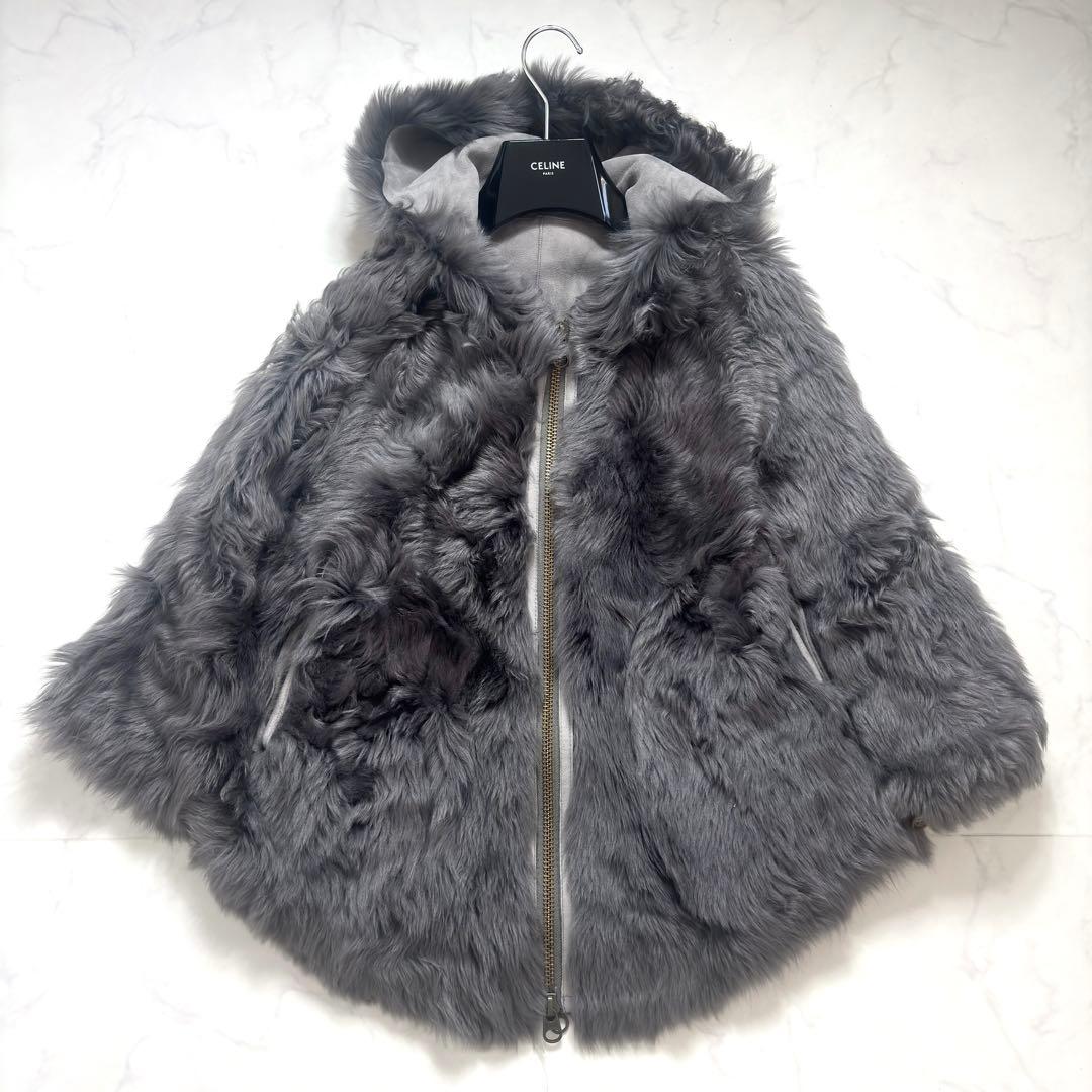 最高級✨羊革 リアルムートン ポンチョ ラムレザー リバーシブル フード グレー