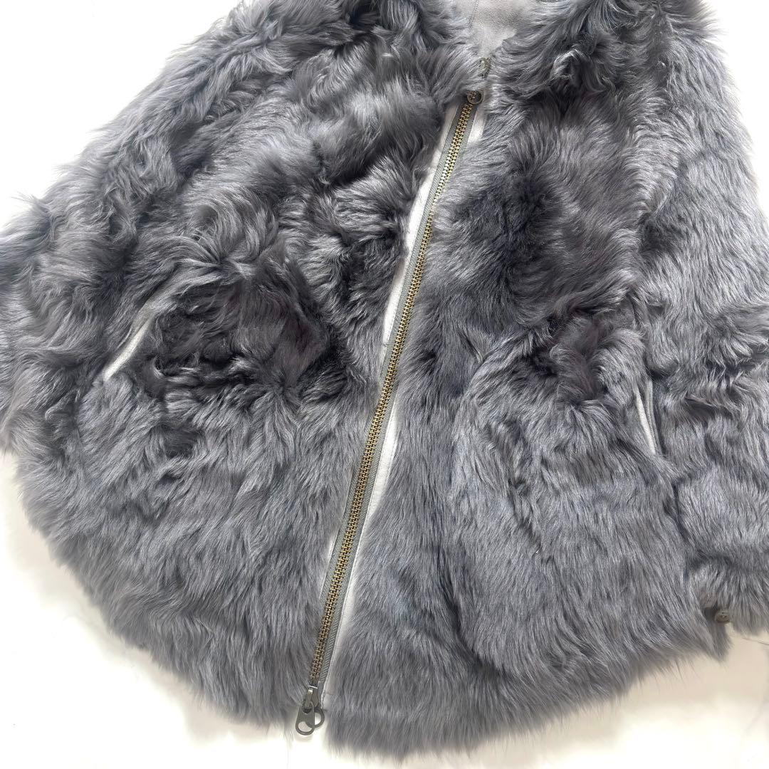 最高級✨羊革 リアルムートン ポンチョ ラムレザー リバーシブル フード グレー