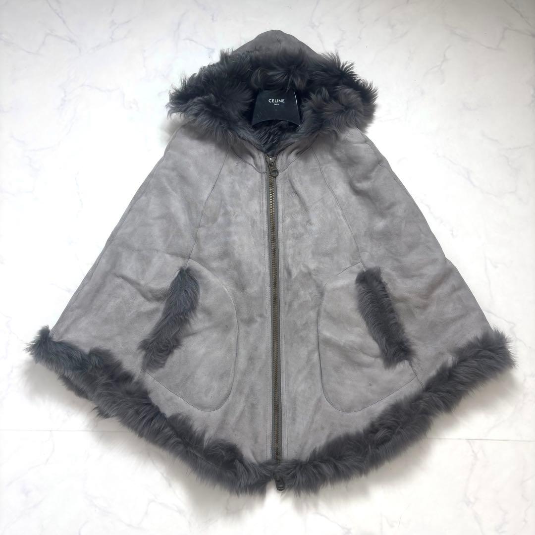 最高級✨羊革 リアルムートン ポンチョ ラムレザー リバーシブル フード グレー