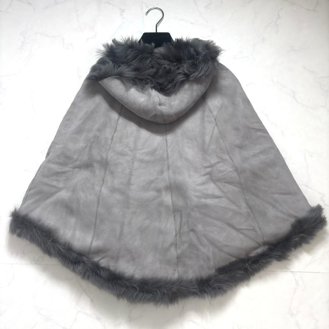最高級✨羊革 リアルムートン ポンチョ ラムレザー リバーシブル フード グレー