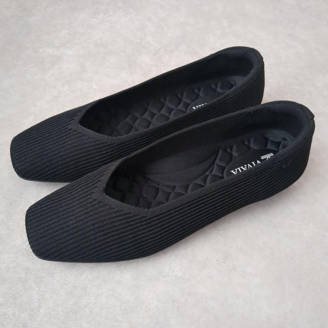 VIVAIA フラットシューズ　ニットパンプス スクエアトゥ 黒　ビバイア