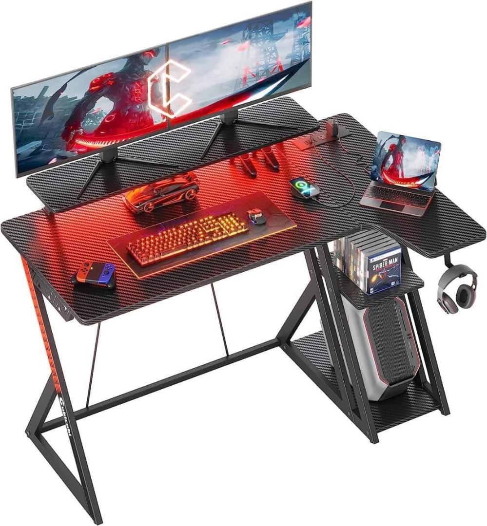 CubiCubi LED付きゲーミングデスク ブラック 収納棚付モニター台付