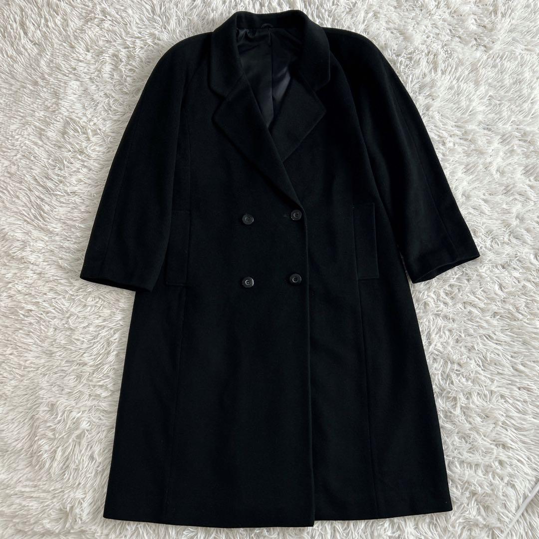 ヴィンテージ カシミヤ100% ロングダブルチェスターコートL 黒 112cm