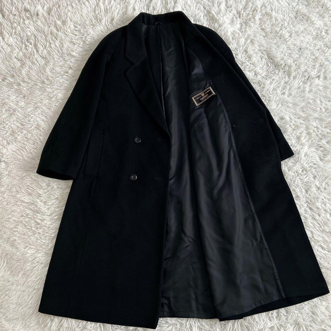 ヴィンテージ カシミヤ100% ロングダブルチェスターコートL 黒 112cm