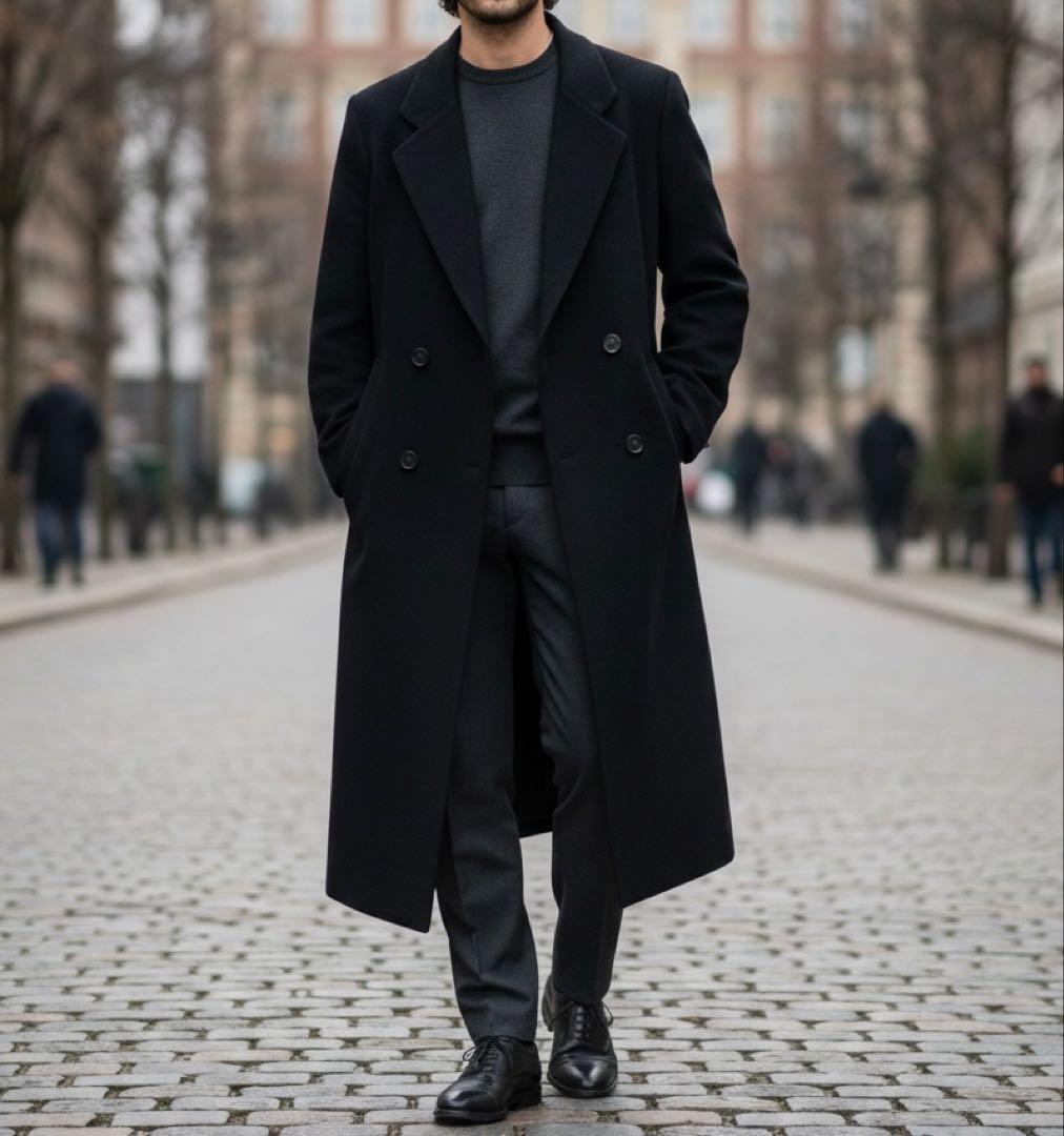 ヴィンテージ カシミヤ100% ロングダブルチェスターコートL 黒 112cm