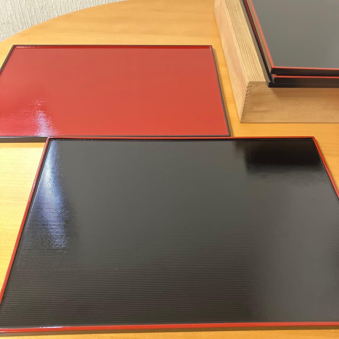 越前　河和田塗　卓上膳　折敷　千筋　リバーシブル仕様　両面長角膳　黒朱　5P