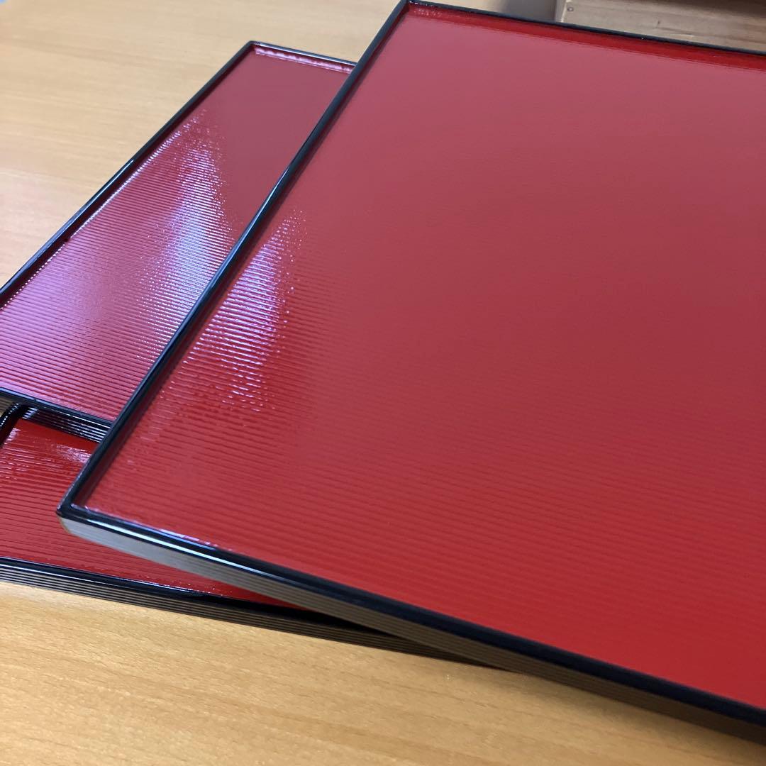 越前　河和田塗　卓上膳　折敷　千筋　リバーシブル仕様　両面長角膳　黒朱　5P