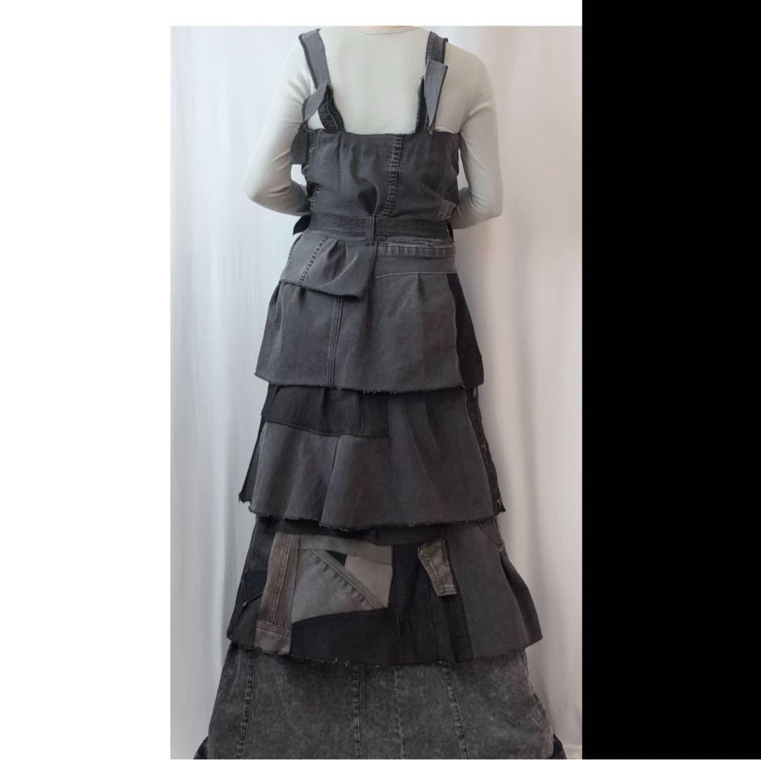 ⑤2wayパッチワークブラックデニム ティアードリメイクフロント釦ワンピース