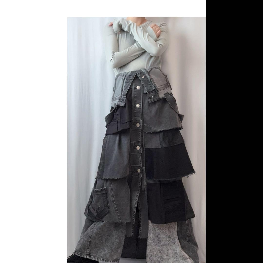 ⑤2wayパッチワークブラックデニム ティアードリメイクフロント釦ワンピース