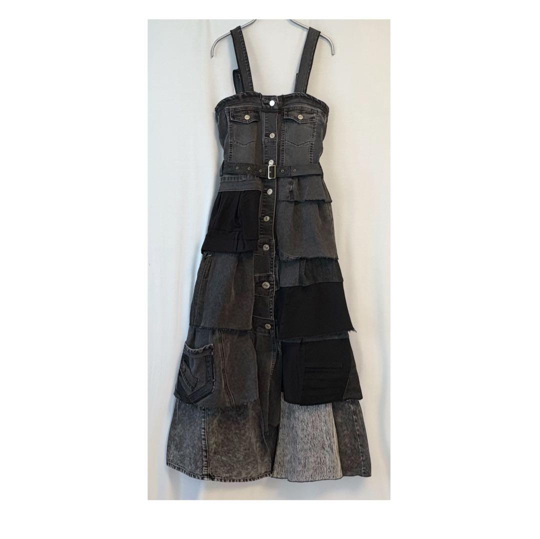 ⑤2wayパッチワークブラックデニム ティアードリメイクフロント釦ワンピース