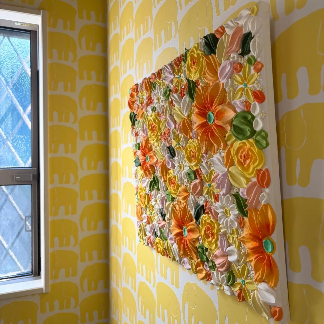 テクスチャーアート　花束　壁掛け　海外　現代アート　花の絵　フラワーアート