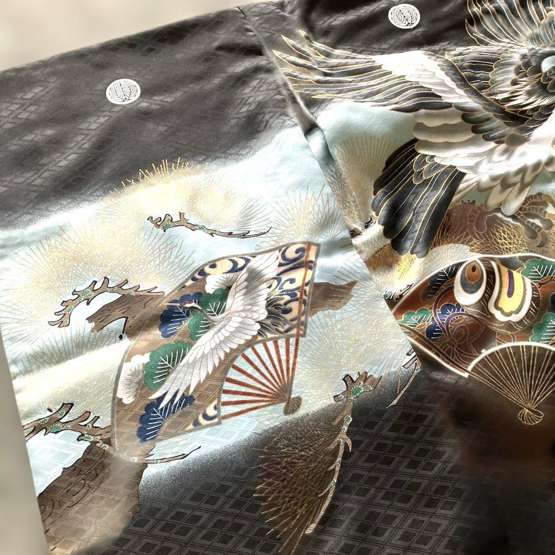 男の子七五三　羽織、袴一式　着付けDVD付き　鷹と扇子デザインフルセット