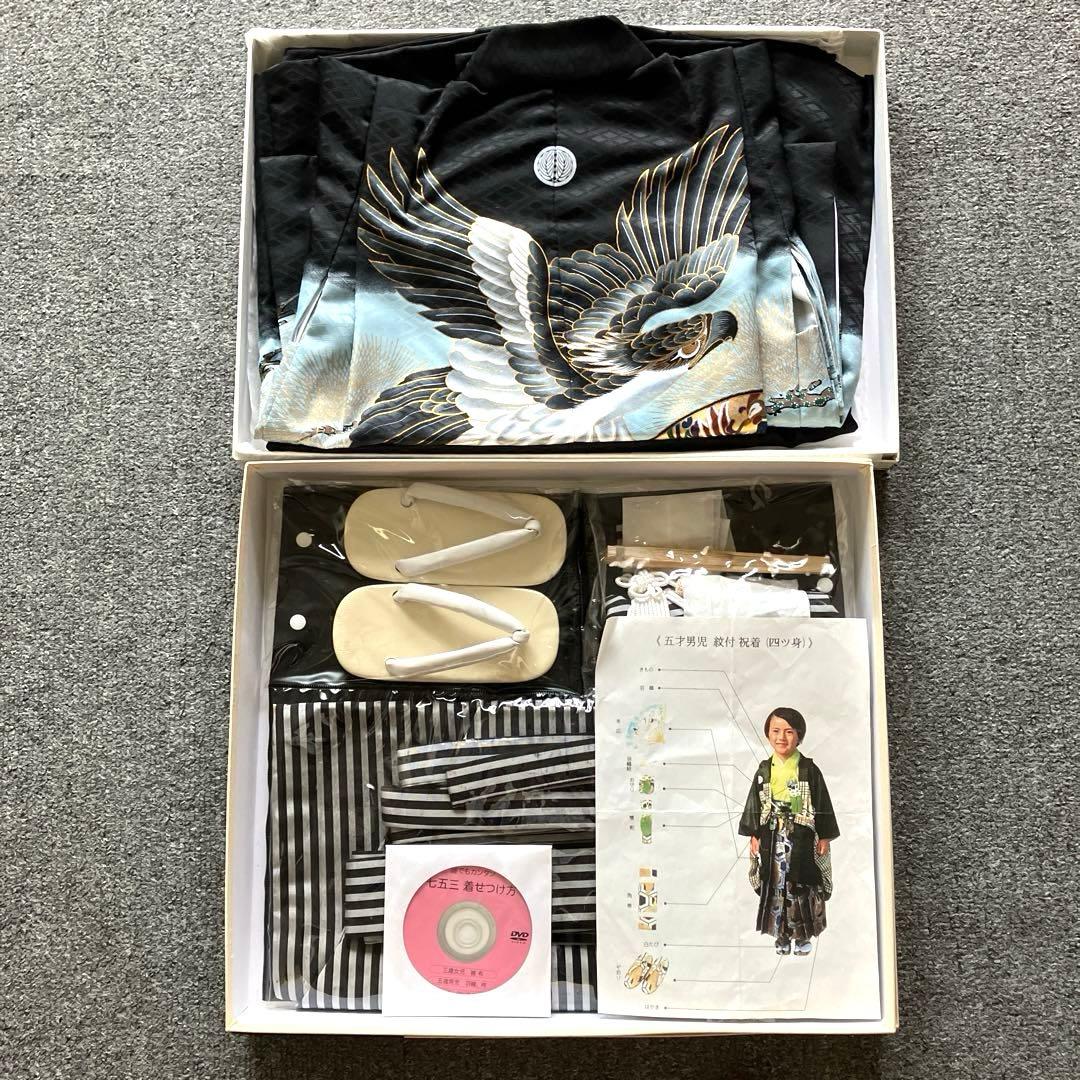 男の子七五三　羽織、袴一式　着付けDVD付き　鷹と扇子デザインフルセット