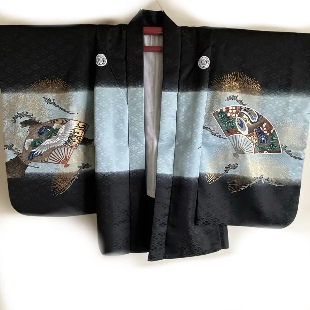 男の子七五三　羽織、袴一式　着付けDVD付き　鷹と扇子デザインフルセット