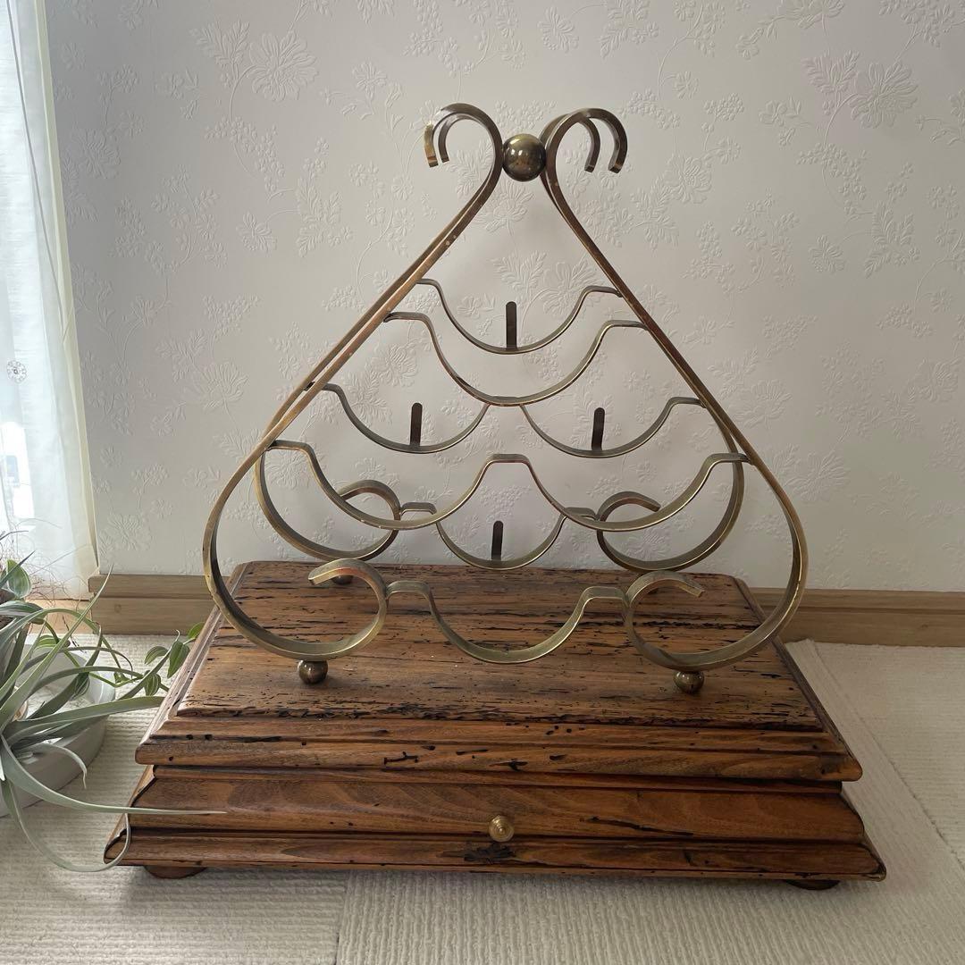 【希少】ビンテージマホガニー/アンティーク 真鍮ワインラック 置物 天然木