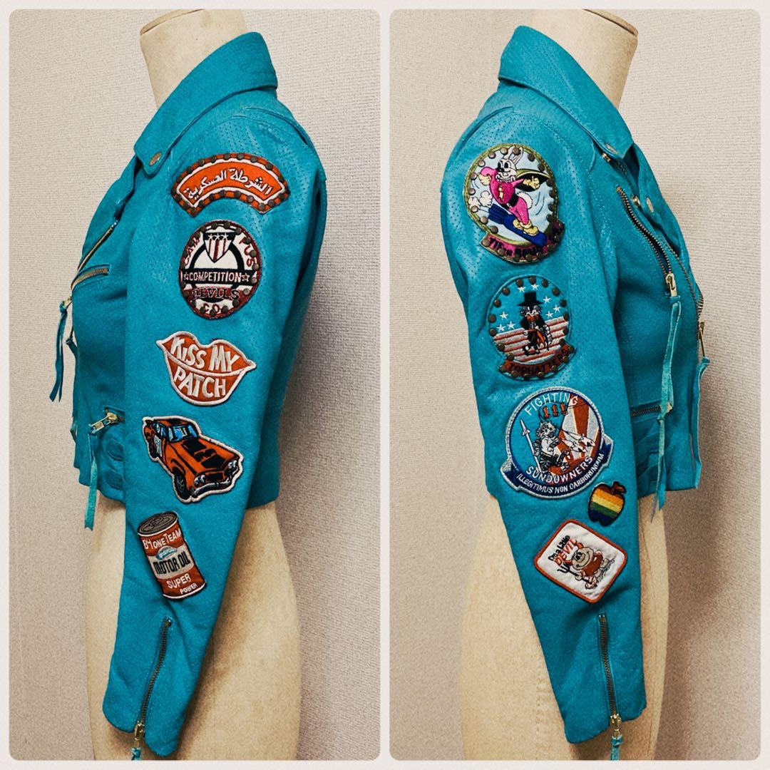 激レア ターコイズブルー パンチングレザーダブルライダースジャケット XS-S