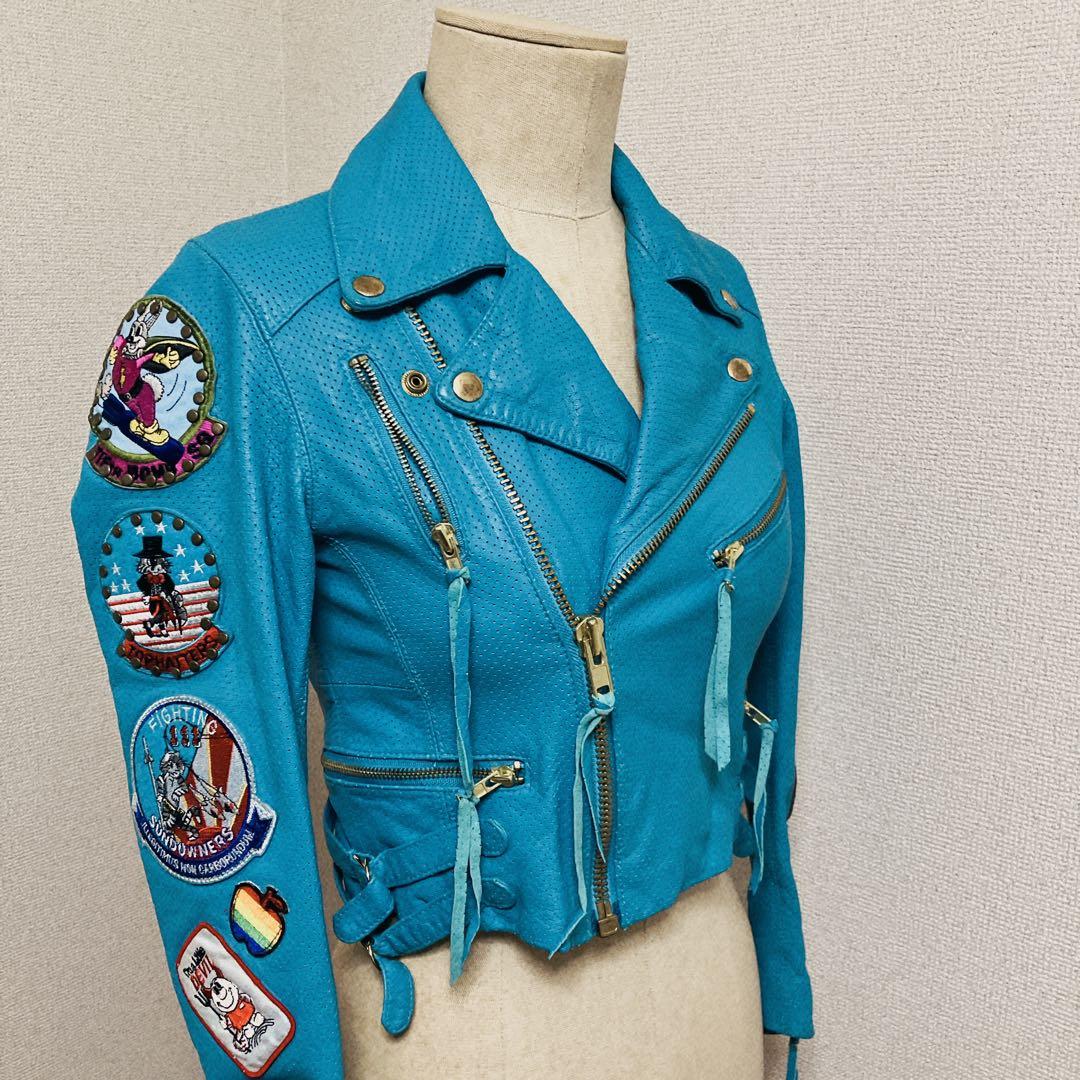 激レア ターコイズブルー パンチングレザーダブルライダースジャケット XS-S