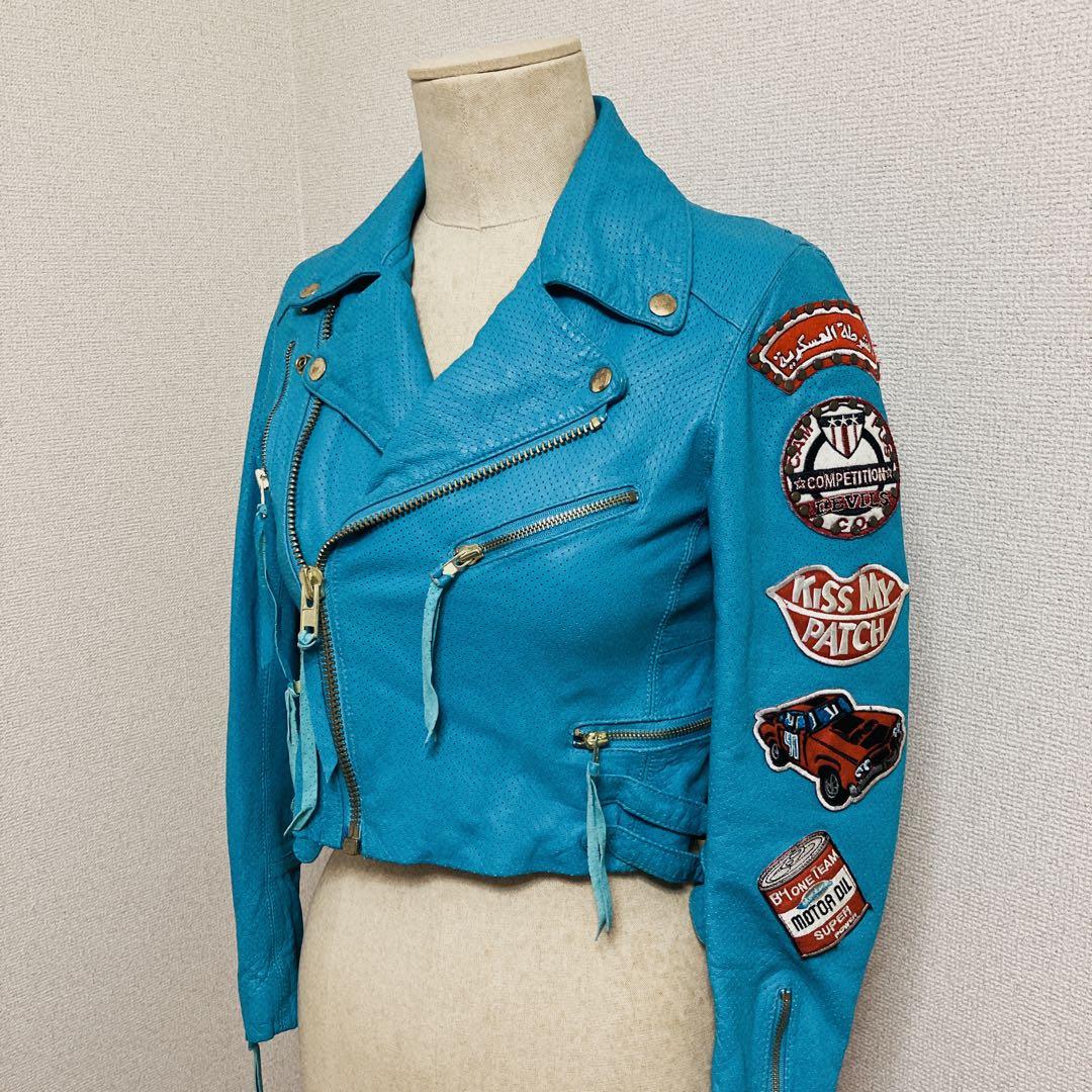 激レア ターコイズブルー パンチングレザーダブルライダースジャケット XS-S