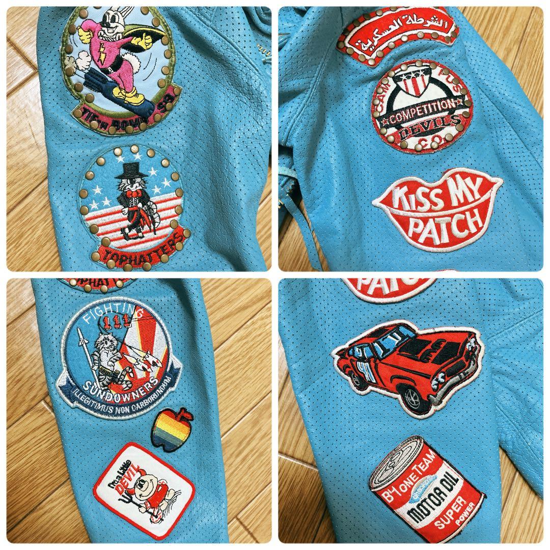 激レア ターコイズブルー パンチングレザーダブルライダースジャケット XS-S