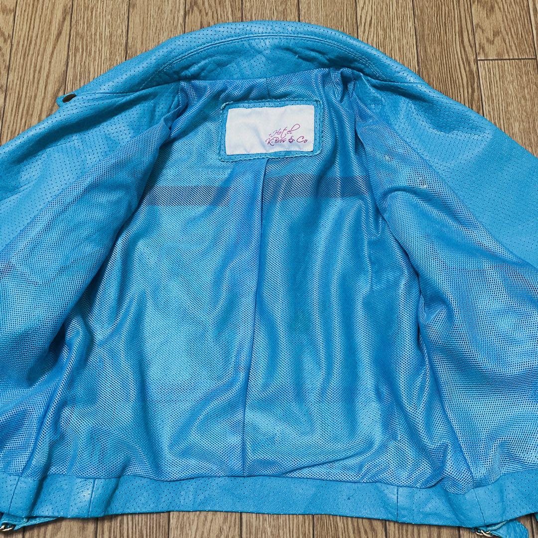 激レア ターコイズブルー パンチングレザーダブルライダースジャケット XS-S