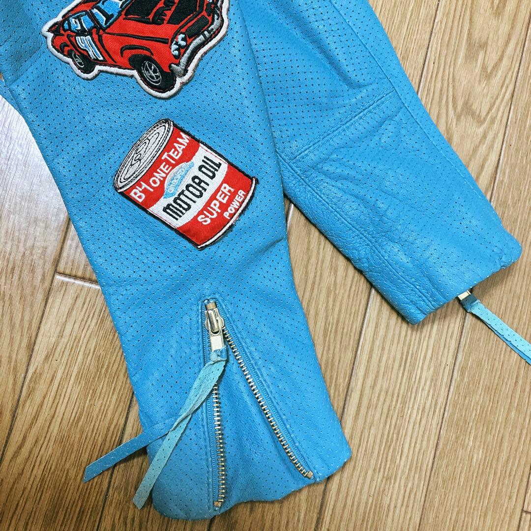 激レア ターコイズブルー パンチングレザーダブルライダースジャケット XS-S