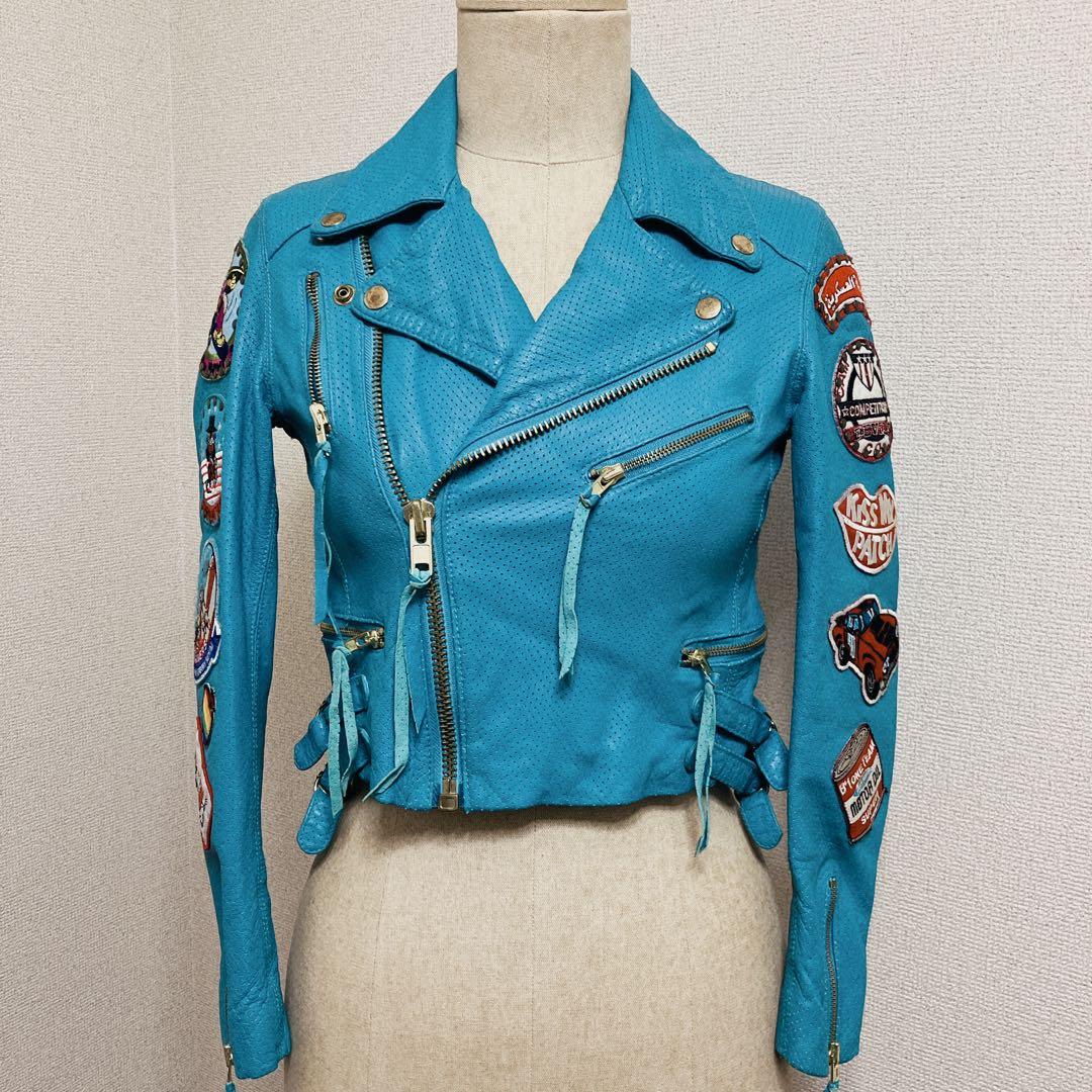 激レア ターコイズブルー パンチングレザーダブルライダースジャケット XS-S