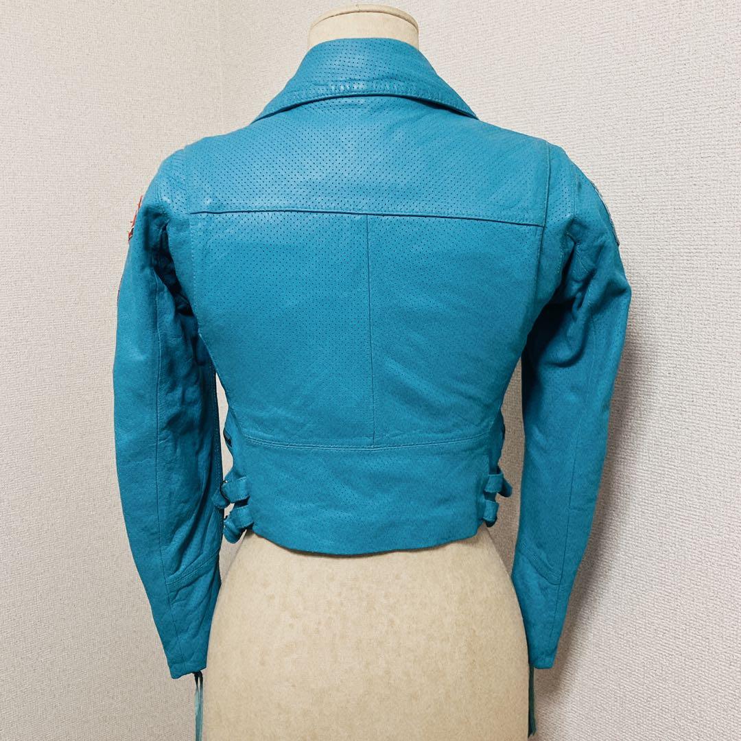 激レア ターコイズブルー パンチングレザーダブルライダースジャケット XS-S