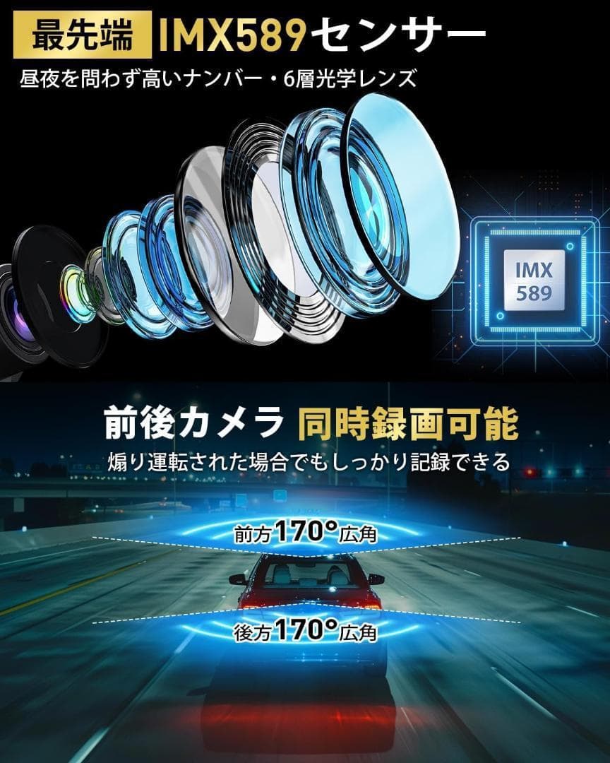 【半額以下】ドライブレコーダー ミラー型 4KHD画質 12インチ 前後