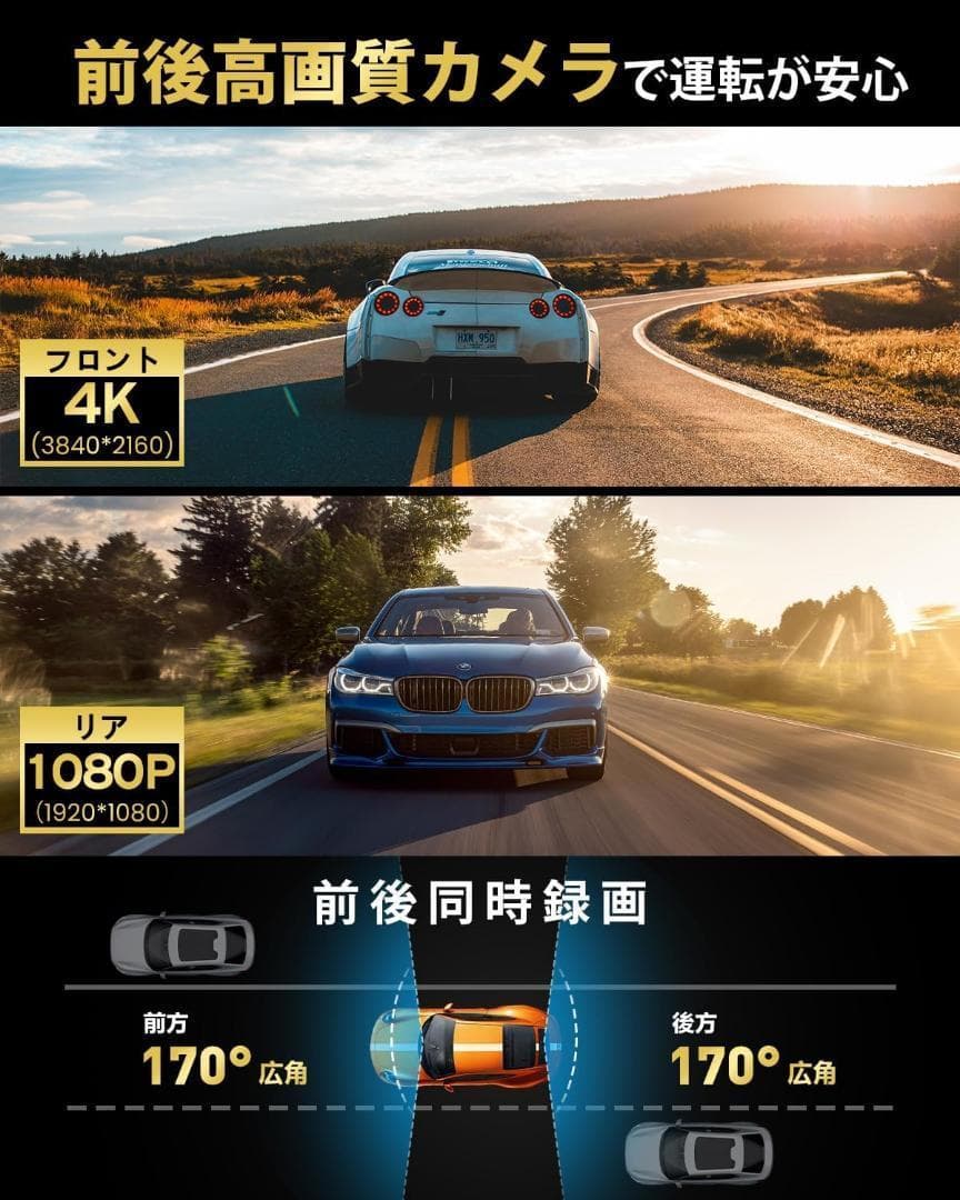 【半額以下】ドライブレコーダー ミラー型 4KHD画質 12インチ 前後