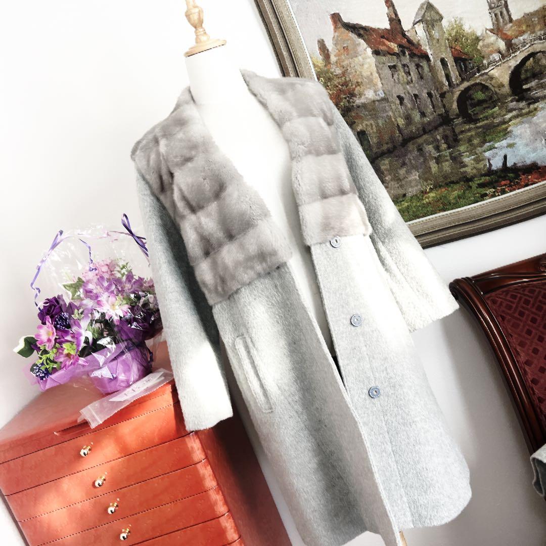 新品　サファイヤミンクファー付き アルパカウールコート グレー 日本製 66万円