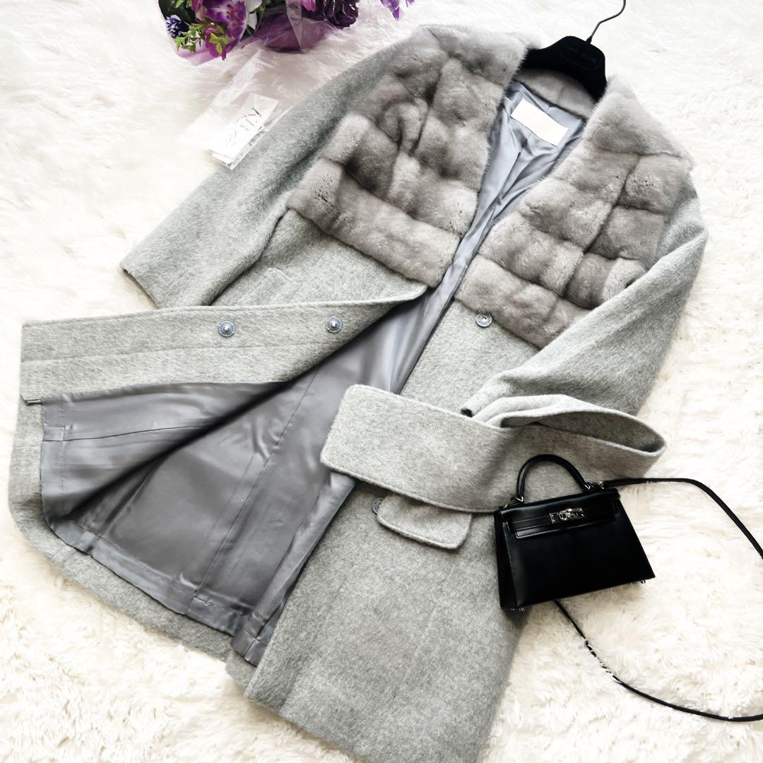 新品　サファイヤミンクファー付き アルパカウールコート グレー 日本製 66万円