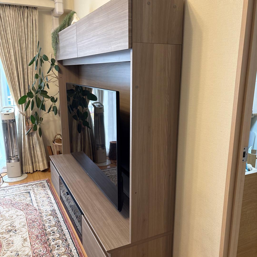 美品モダン木製テレビ台 /グレージュ/ライト付き