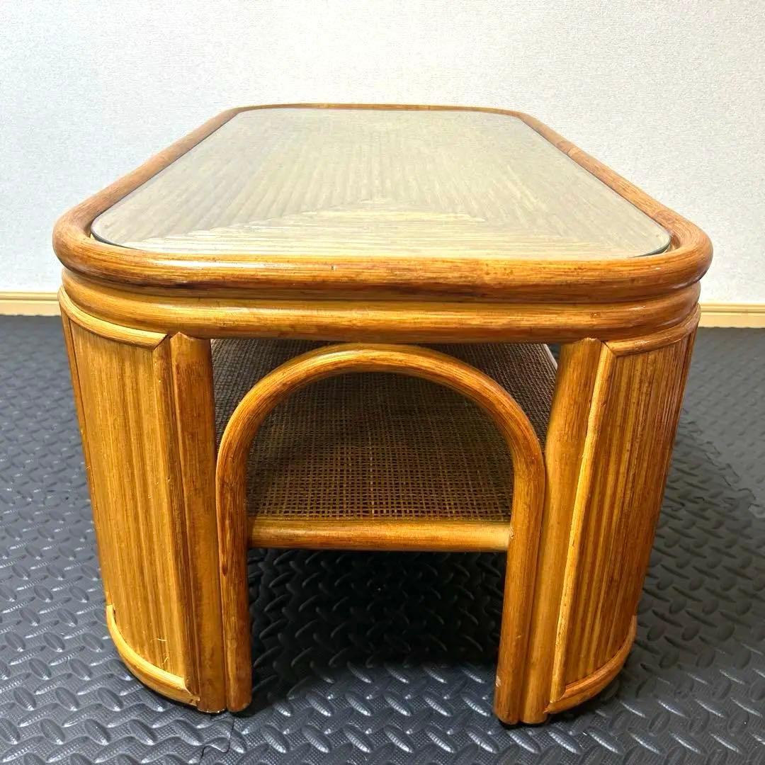 【良品】昭和レトロ ラタン ガラス天板 センターテーブル ローテーブル