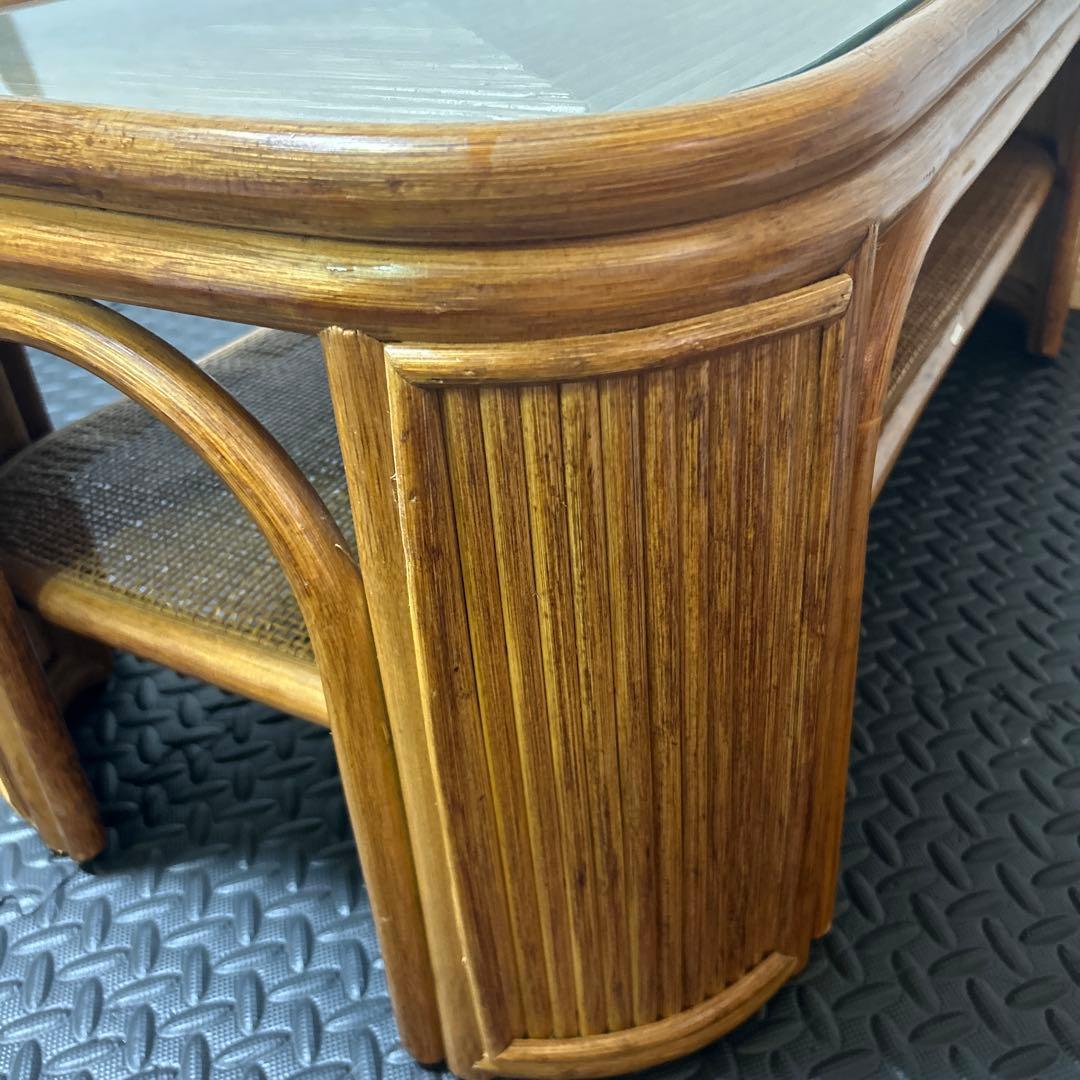 【良品】昭和レトロ ラタン ガラス天板 センターテーブル ローテーブル