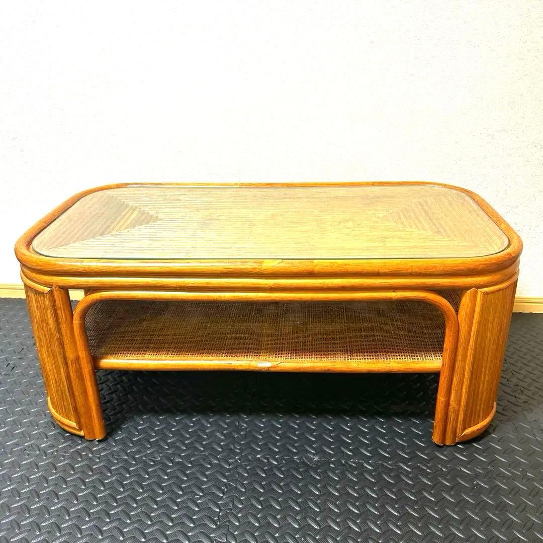 【良品】昭和レトロ ラタン ガラス天板 センターテーブル ローテーブル