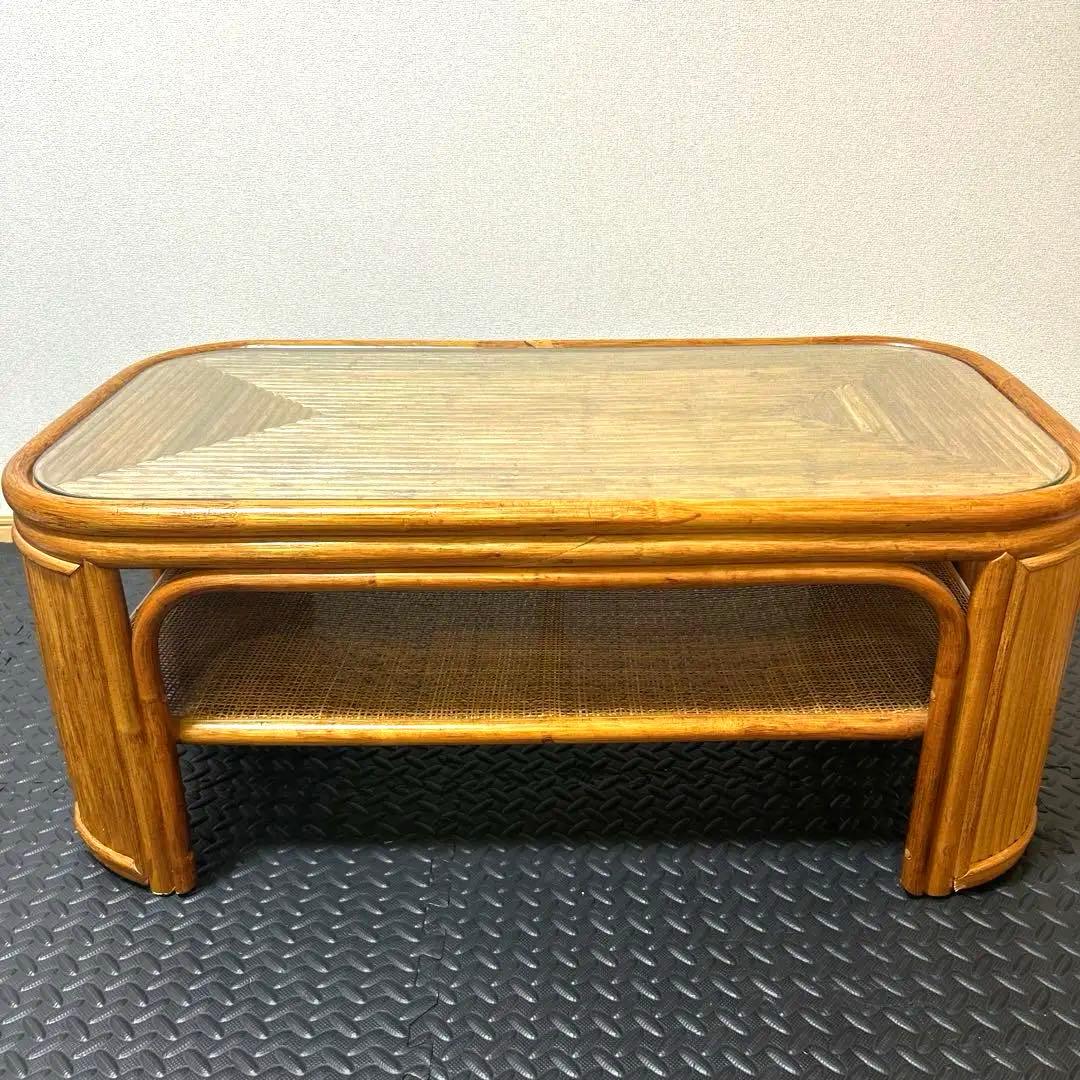 【良品】昭和レトロ ラタン ガラス天板 センターテーブル ローテーブル