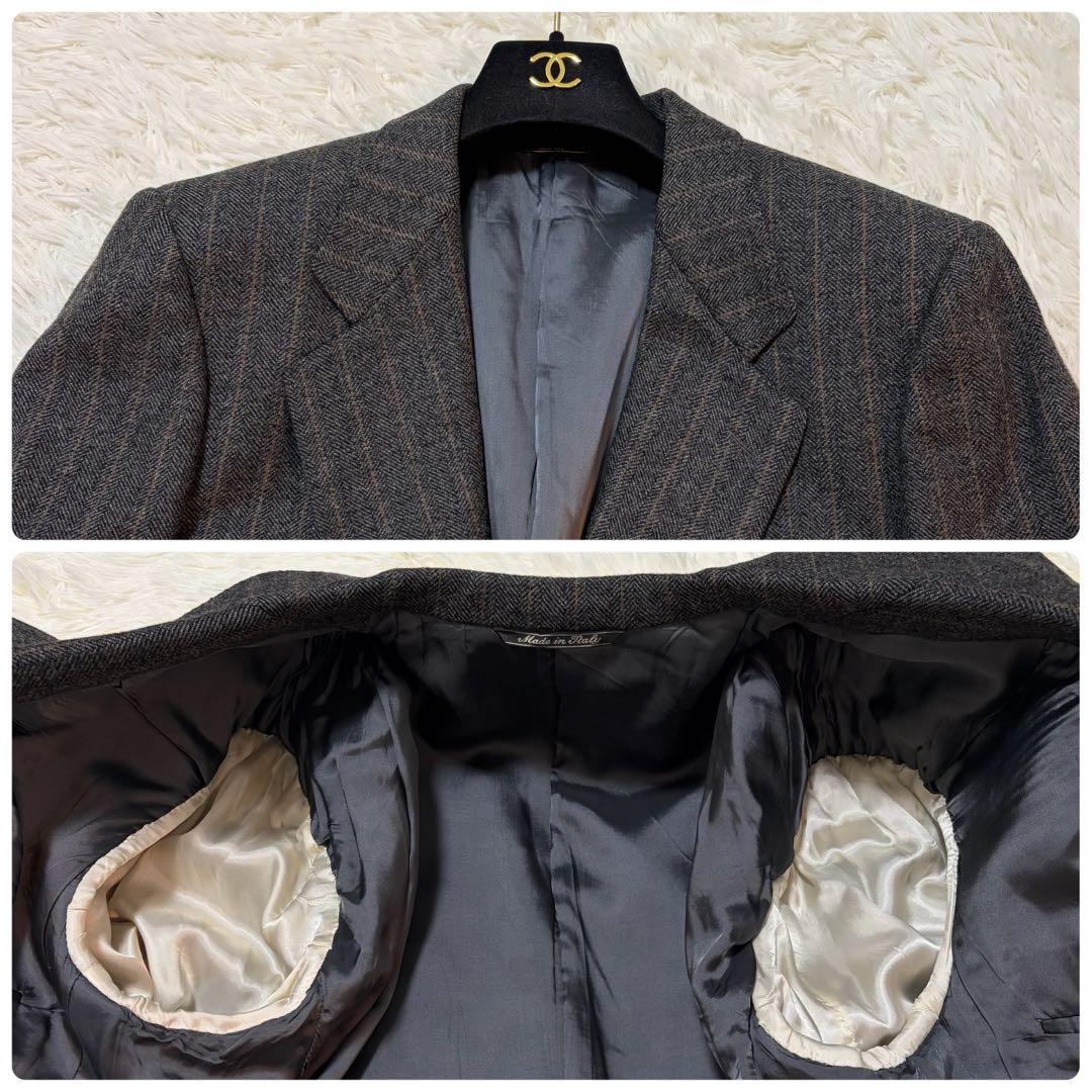 【美品】ゼニア セットアップ カシミヤ混 ヘリンボーン チャコール ストライプ