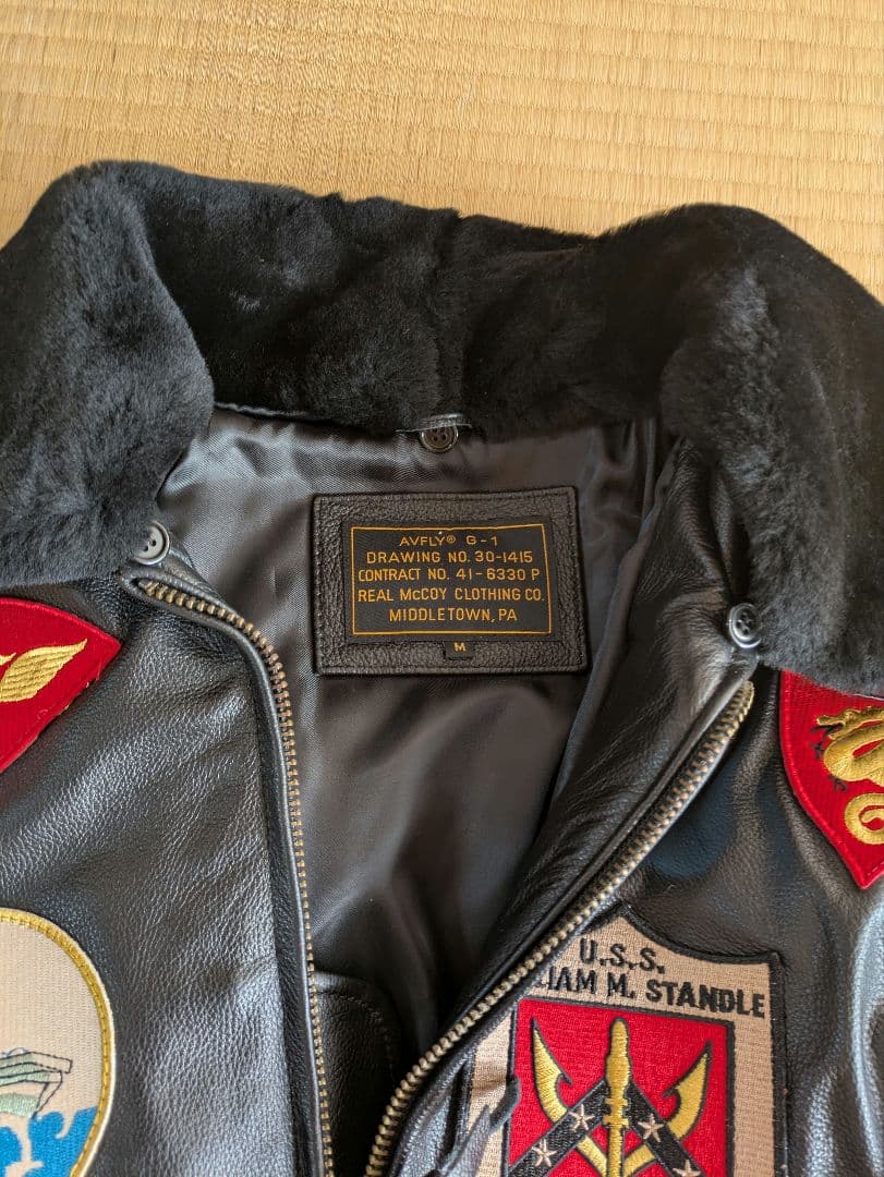 TOPGUN 黒 レザー ジャケット ファー付き 軍用パッチ G-1
