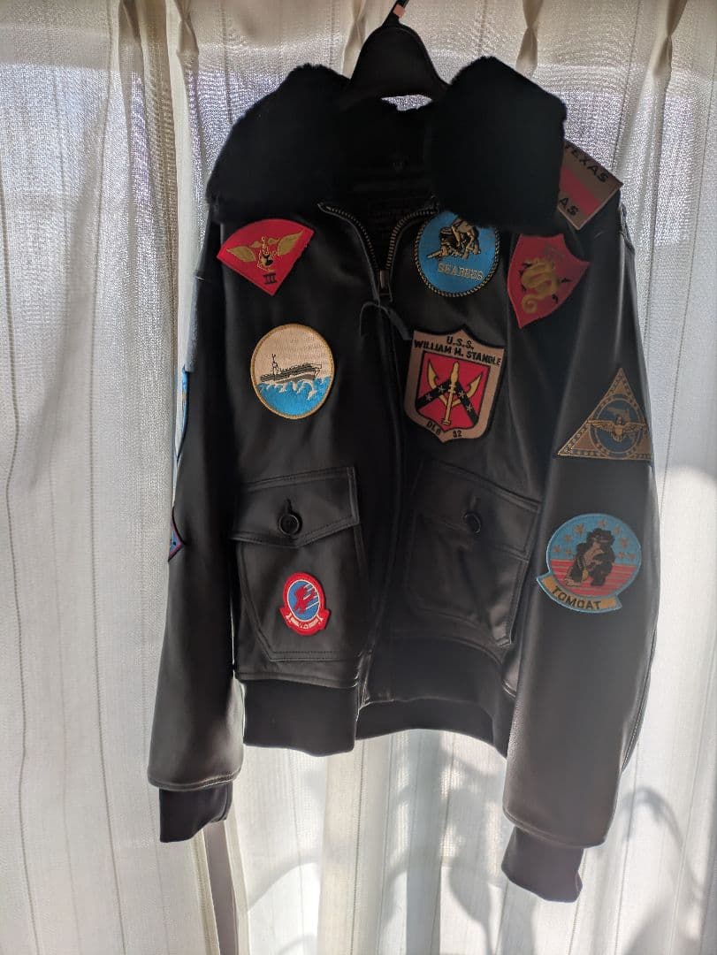TOPGUN 黒 レザー ジャケット ファー付き 軍用パッチ G-1