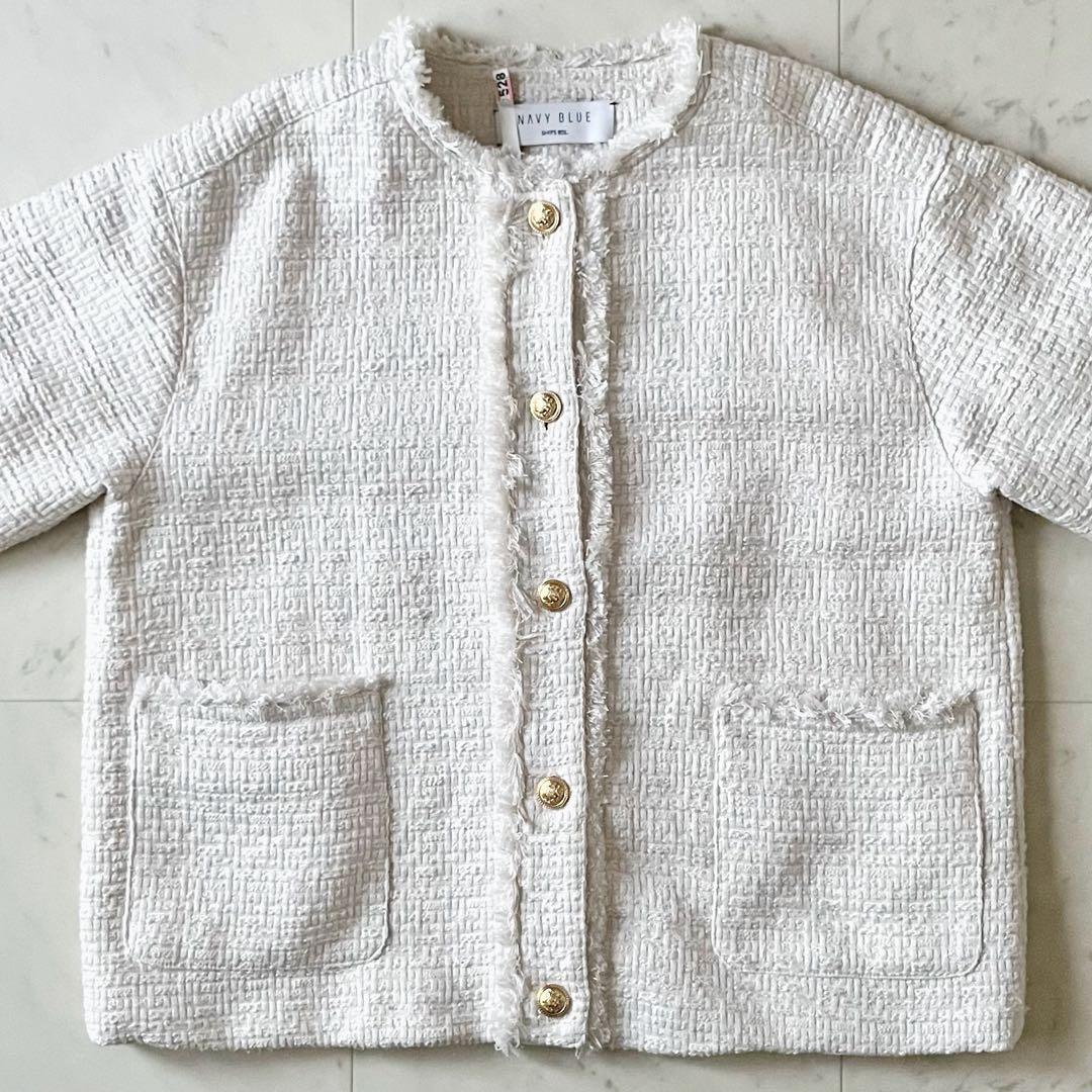 美品♪シップスエニィ スラブツイードショートジャケット F オフホワイト白 長袖