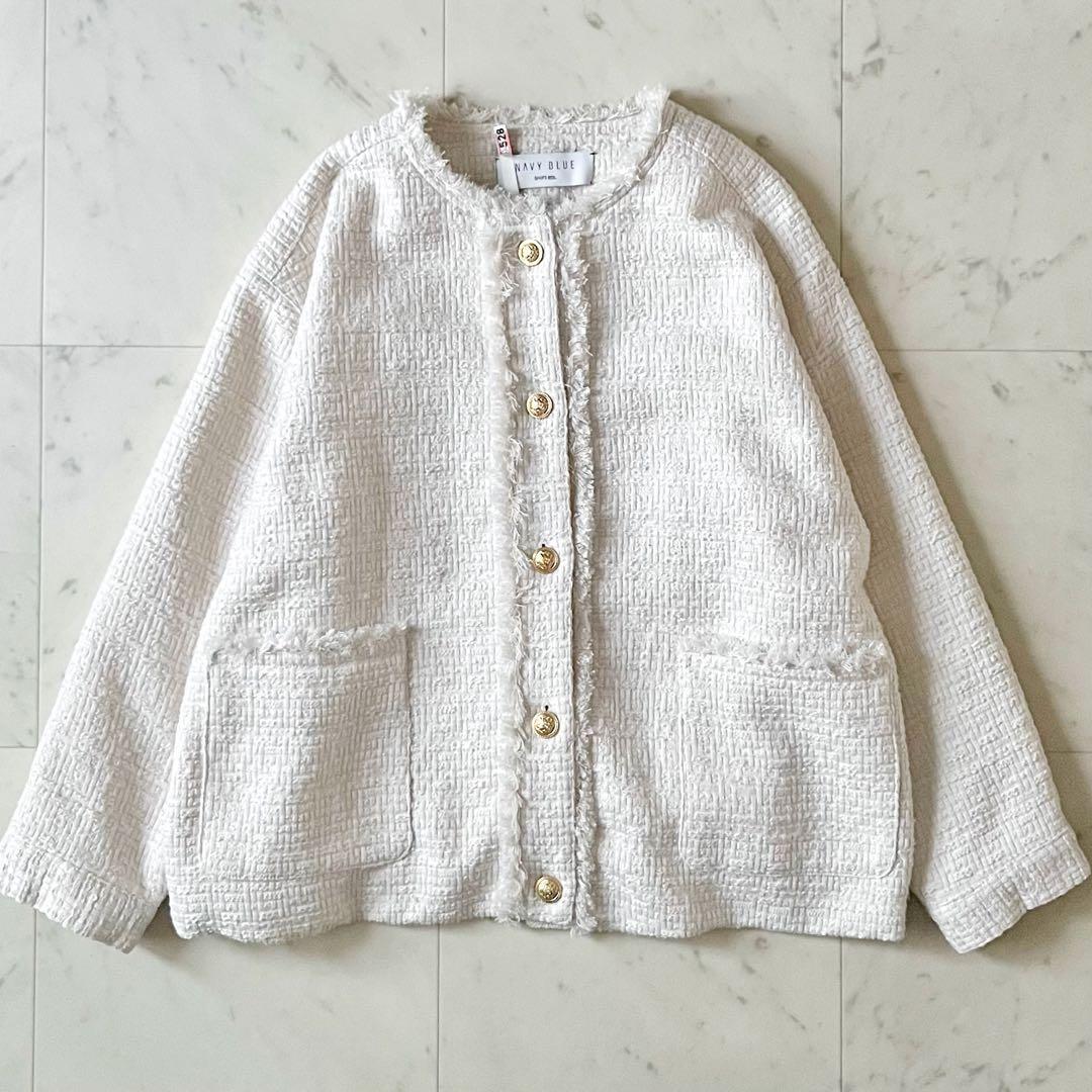 美品♪シップスエニィ スラブツイードショートジャケット F オフホワイト白 長袖