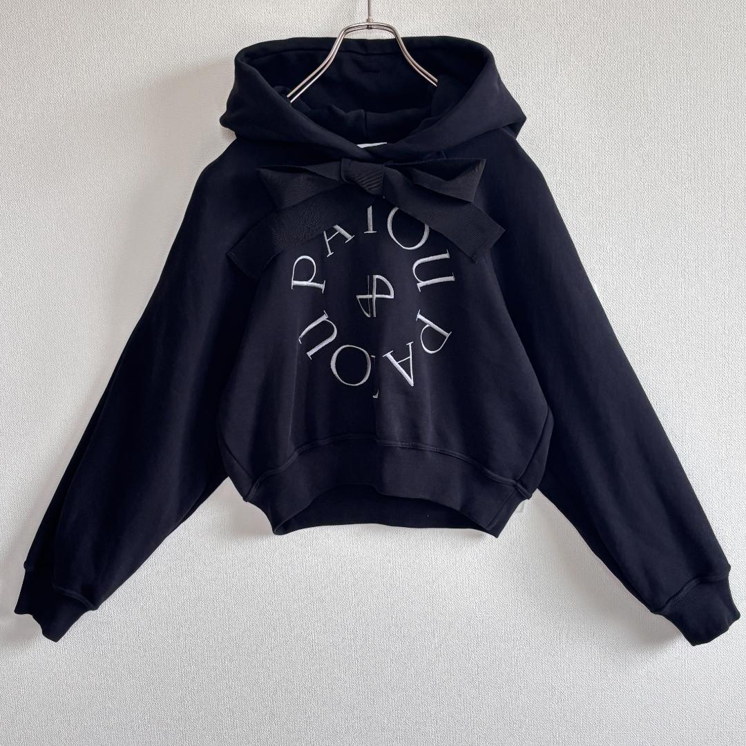 【超人気】PATOUパトゥ/パーカー/刺繍ロゴ/ロングドローストリング/黒/M