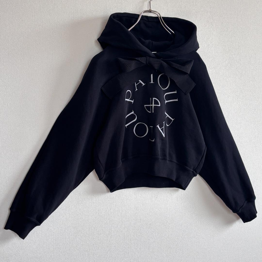 【超人気】PATOUパトゥ/パーカー/刺繍ロゴ/ロングドローストリング/黒/M