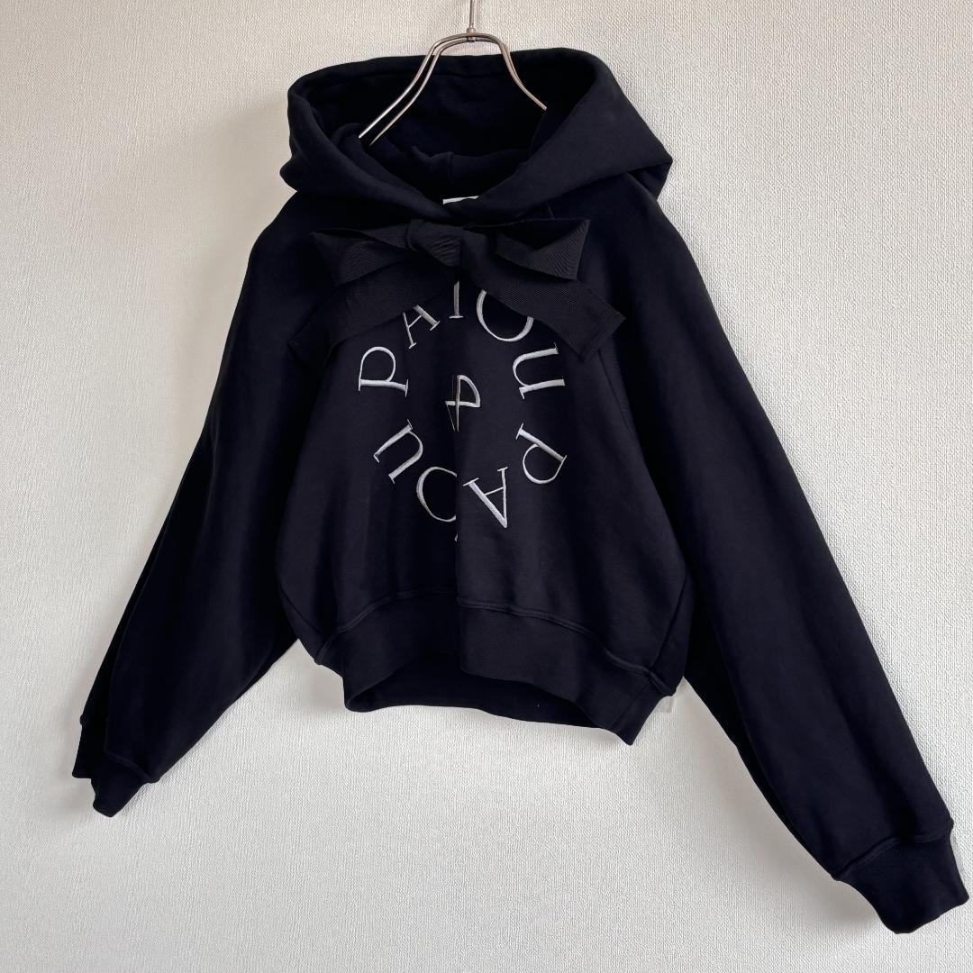 【超人気】PATOUパトゥ/パーカー/刺繍ロゴ/ロングドローストリング/黒/M