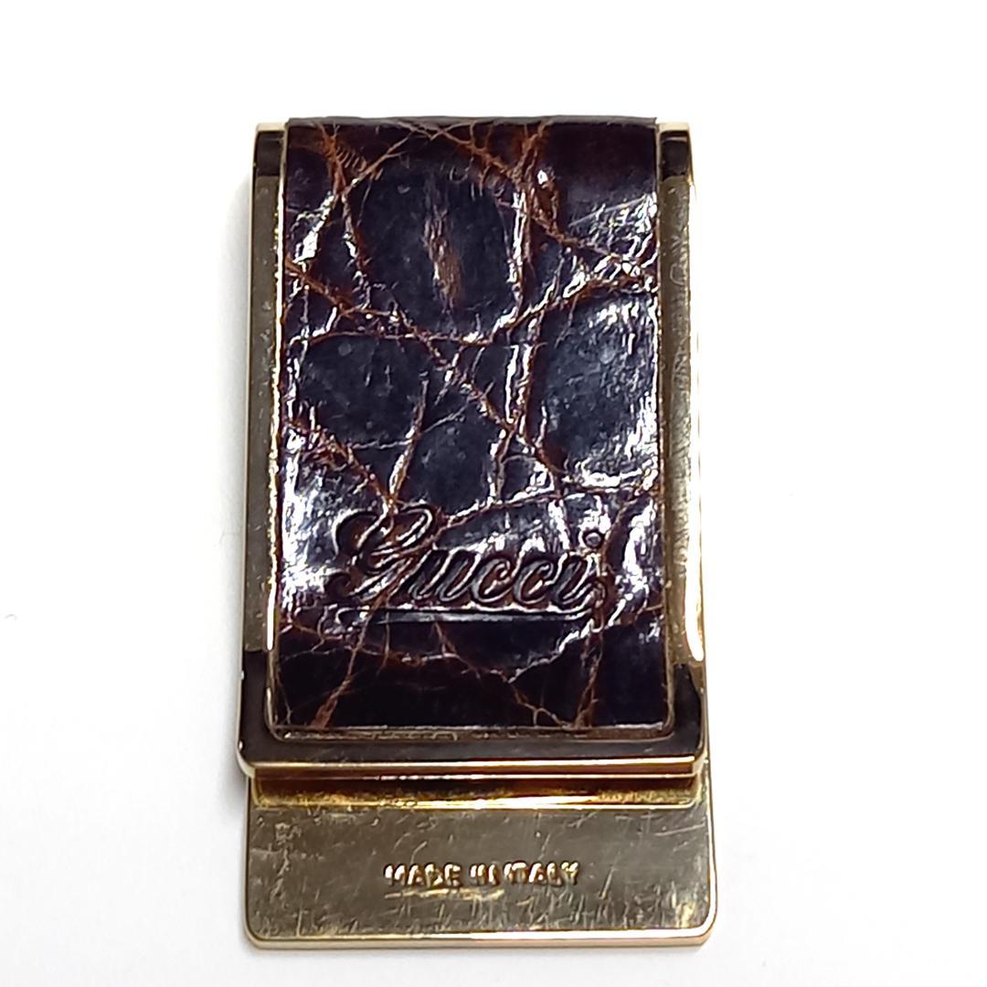 グッチ マネークリップ クロコ ブラウン×ゴールド 札はさみ ロゴ ヴィンテージ