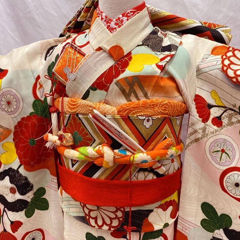 508ag50, 小物5点◎七五三 七歳 女児 アンティーク着物&丸帯 総柄◎