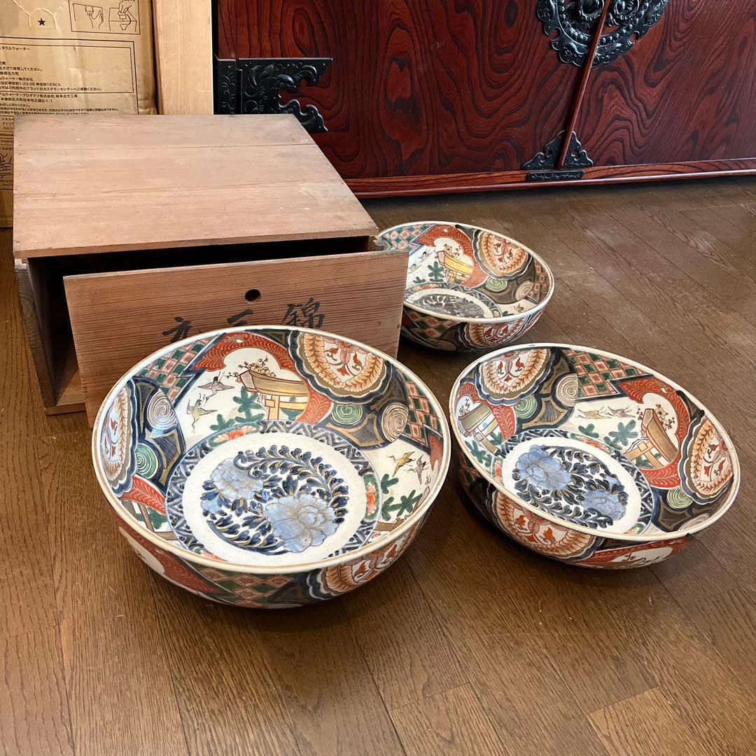 古伊万里　錦絵三ツ鉢　25ー31㎝江戸後期 茶道具 木箱